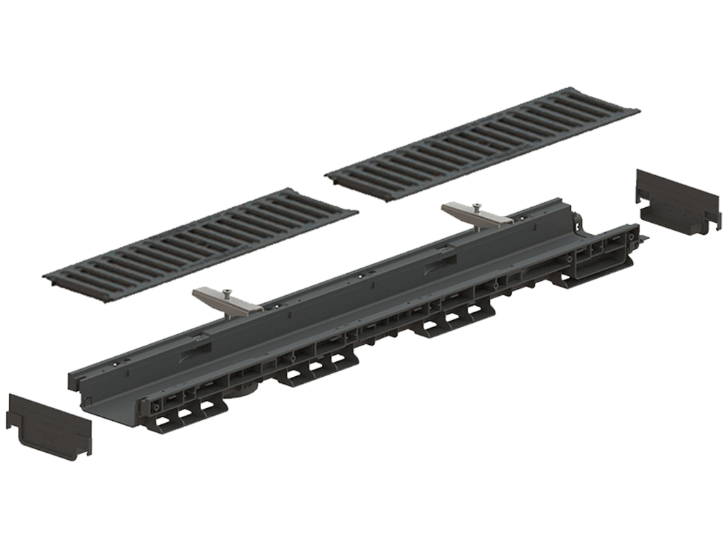 Rigolă din plastic BASE DN100 H60 cu grătare din fontă în fante clasa de sarcini C250